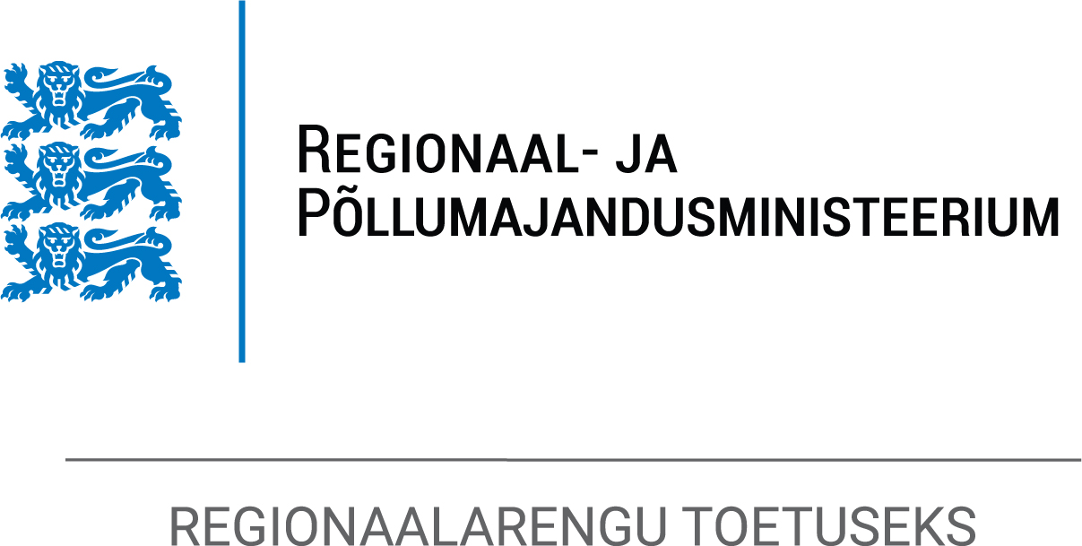 Vasakul sinine Eesti vapp kolme lõviga, seejärel sinine vertikaaljoon ning seejärel must kiri: Regionaal- ja Põllumajandusministeerium. Selle all hall horisontaalne joon ja selle all hall trükitähtedes kiri: Regionaalarengu toetuseks.