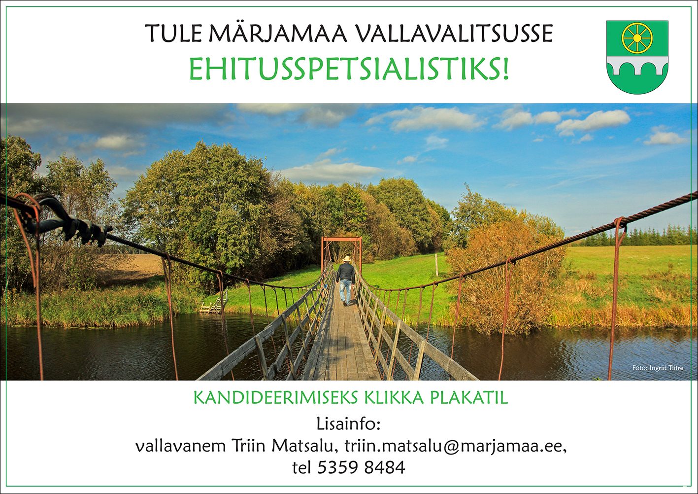 Suvine pilt, millel rippsild üle jõe. Jõe teisel kaldal on paremal heinamaa, vasakul puud, põõsad. Puude-põõsaste vahelt on näha kolletav põld. Rippsillal kõnnib teksades, musta tagi ja heleda kaabuga mees teisele kaldale.