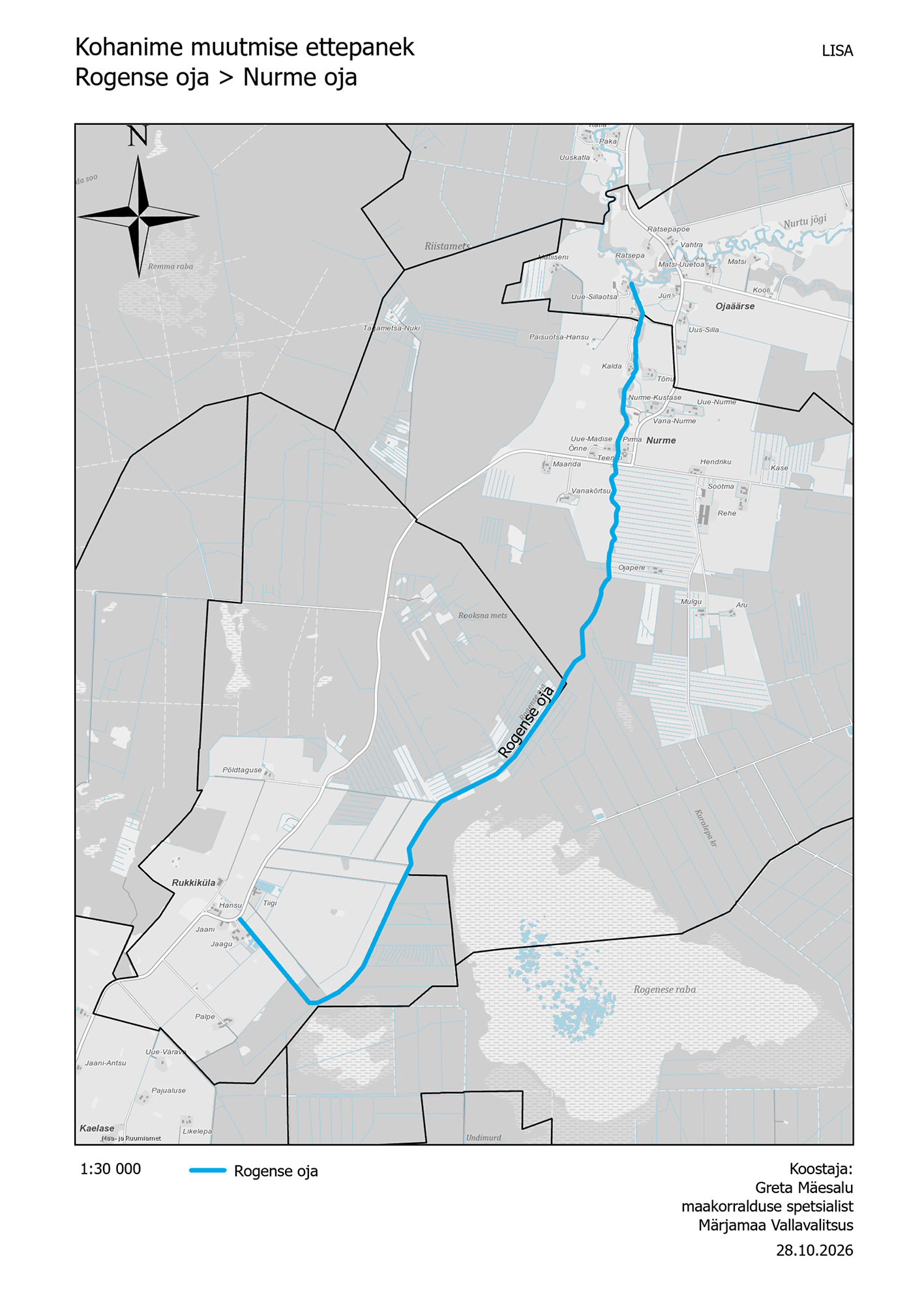 Hallides toonides kaart, kus Rogense oja on märgitud sinise joonega.